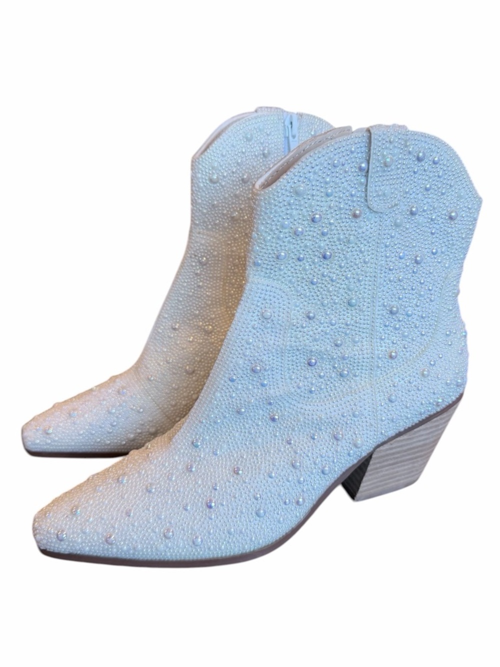 Betsey Johnson White Pearl-Embellished Western Ankle Boots